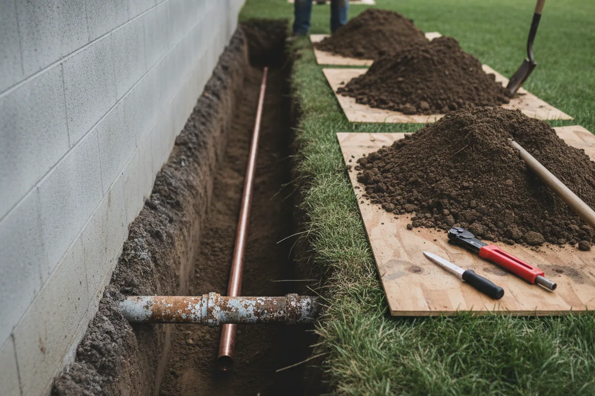 Excavated water line trench during Water Softener Installation in Fowlerton